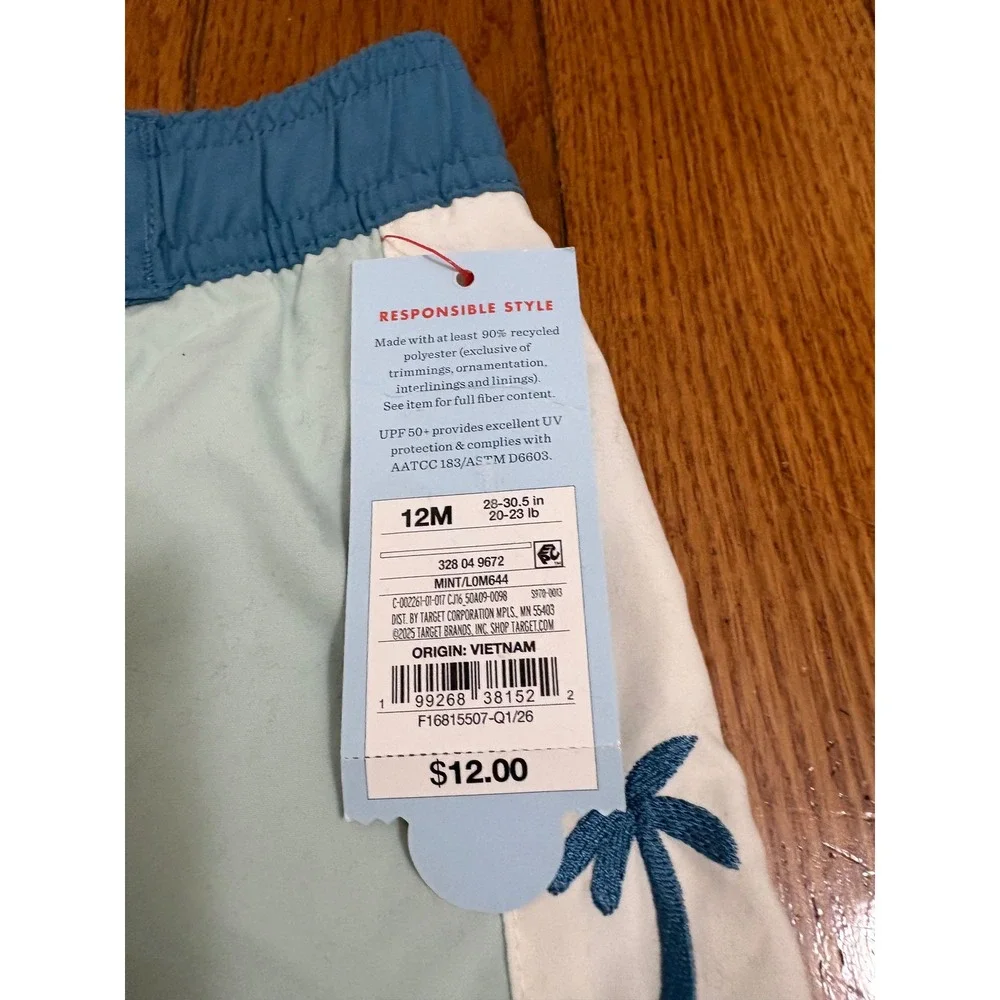 Cat & Jack Toddler Boys  Blue Colorblock Palm Tree Swim Trunks 12M NWT UPF 50+